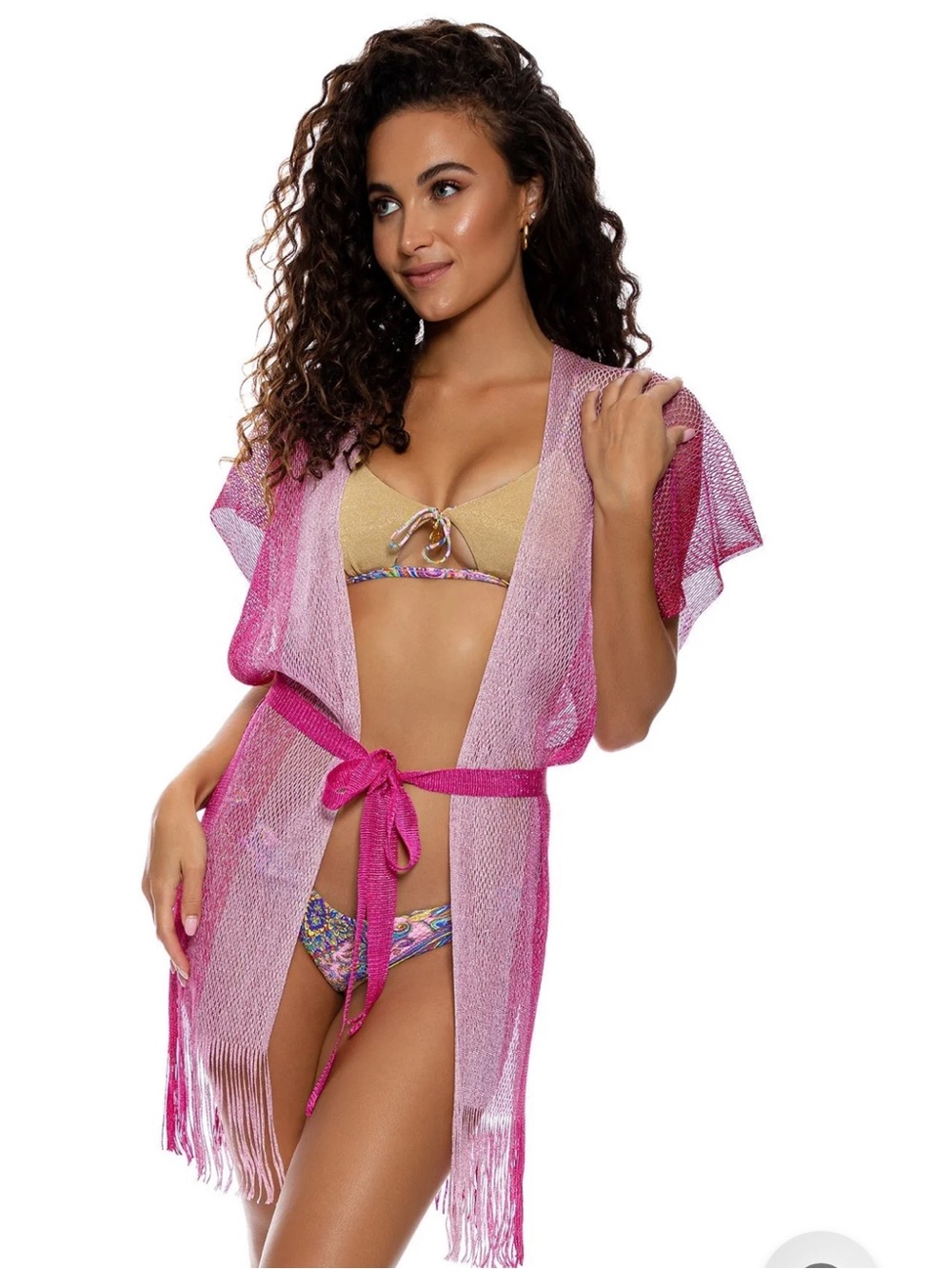 Women’s Pink Mesh Swim Cover-Up Kimono